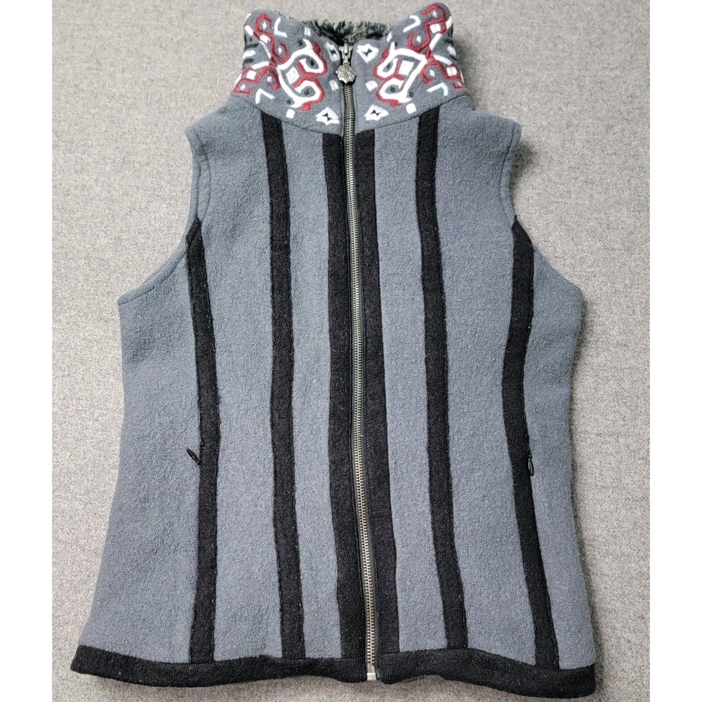 Icelandic Design Women's 100% Wool Vest Small Gray Black‎ Stripe Zip Front Knit